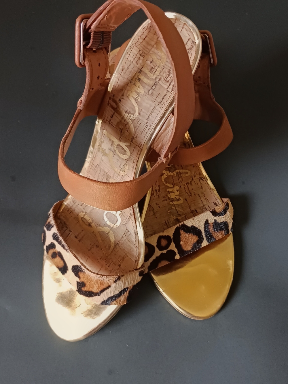 Sam Edelman Leopard Print Tan Ankle-Strap Women's Sandals